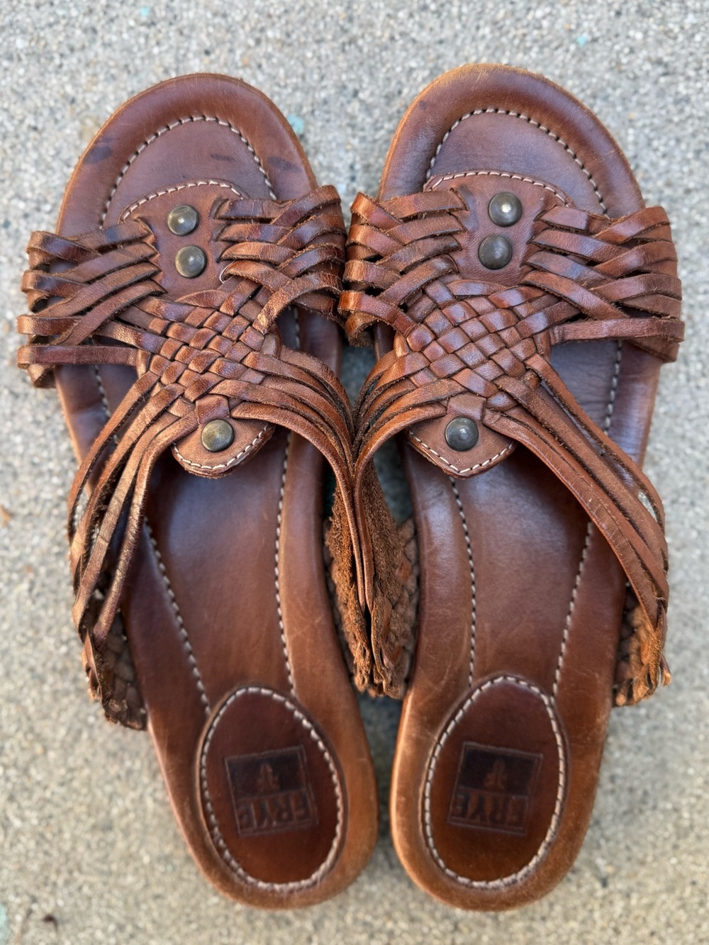 Frye Brown Leather Slip-on Strappy Sandals Leather JAYCE Huarache Brass Studs 7